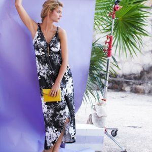 New Womens Garnet Hill High Low Floral Maxi Knit Dress 2 4 Black White Stretch